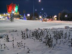 The roundabout for Finnish national road 4 in downtown Ivalo