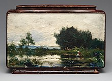 Haviland & Co. barbotine jardiniere with Barbizon School-style landscape by Emile Justin Merlot, c. 1880. Flat-sided shapes made the barbotine painting easier. Jardiniere with landscape MET DP704402 (cropped).jpg