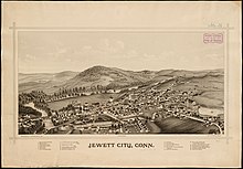 Print of Jewett City from 1889 by L.R.. Burleigh with listing of landmarks Jewett City, Conn. (2675179287).jpg