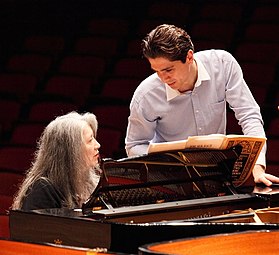 Martha Argerich and Alexandros Kapelis during rehearsal at the Athens Megaron in 2012 Kapelis - Argerich.jpg