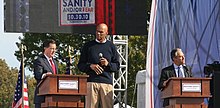 Abdul-Jabbar (center) at the Rally to Restore Sanity and/or Fear with Comedy Central hosts Stephen Colbert and Jon Stewart