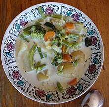 Kesakeitto, a Finnish vegetable soup with boiled potatoes and vegetables in a small amount of water, milk and butter Kesakeitto DSC04420 C.JPG