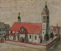 Fragment ryciny F.B Wernera przedstawiający kościół w XVIII wieku