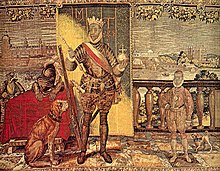 Prince Christian (IV) with his father Frederick II wearing the old crown, seen on one of the Kronborg Tapestries. Kronborgtapetet med Frederik 2. og kronprins Christian.jpg