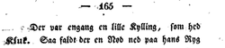 "There was once a little chick named Kluk": beginning of the 1823 Danish version of the story. Kylling Kluk.png