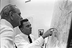 President Lyndon B. Johnson and Joe Califano chart riot outbreaks in Washington, D.C. LBJ Apr 1968.jpg