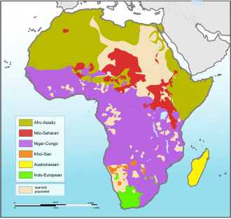 Map showing the traditional language families spoken in Africa:
.mw-parser-output .legend{page-break-inside:avoid;break-inside:avoid-column}.mw-parser-output .legend-color{display:inline-block;min-width:1.25em;height:1.25em;line-height:1.25;margin:1px 0;text-align:center;border:1px solid black;background-color:transparent;color:black}.mw-parser-output .legend-text{}
Afroasiatic
Austronesian
Indo-European
Khoisan
Niger-Congo
Nilo-Saharan Languages of Africa map.svg