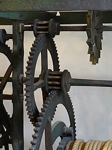 A lantern gear used in turret clocks powered by weights that can weigh hundreds of kilos Lantern gear - Turret clock from 1608.jpg