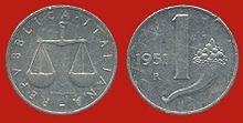 1951 one Lira coin, made of Italma Lira 1951.jpg