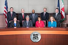 Top row (left to right): Matt Letourneau, Geary Higgins, Koran Saines, Ron Meyer, Tony Buffington. Bottom row (left to right): Suzanne Volpe, Ralph Buona, Phyllis Randall, Kristen Umstattd. Loudoun Board 2016-2019.jpg