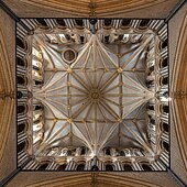 Interior view of the crossing tower vaulting MK17998 Lincoln Cathedral.jpg