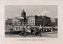 Manchester Royal Infirmary in the 19th century at the Piccadilly Gardens site Manchester Royal Infirmary, Manchester, England. Line engrav Wellcome V0013916.jpg