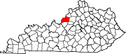 Harta statului Kentucky indicând comitatul Jefferson