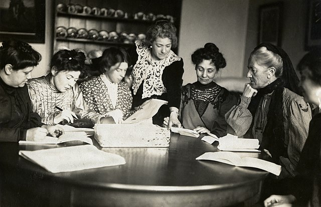 WSPU leaders Flora Drummond, Christabel Pankhurst, Annie Kenney, Emmeline Pankhurst, Charlotte Despard, with two others, 1906–1907