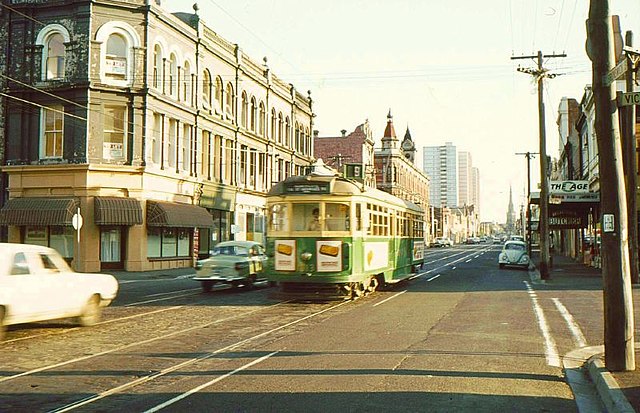 A tram on route 11 travels down Brunswick Street, 1979.