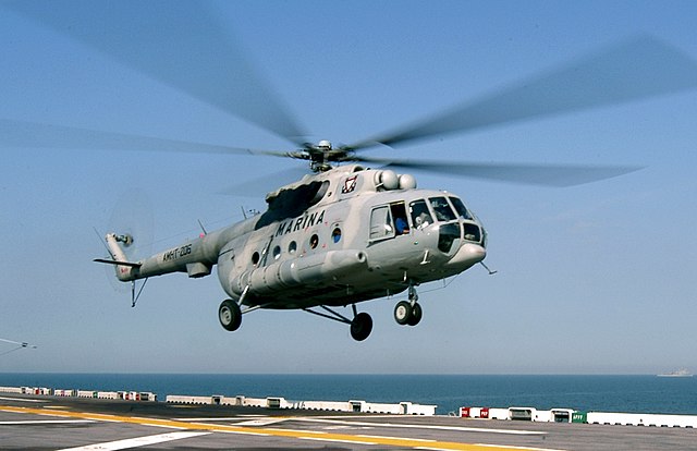 A Mexican Navy Mi-8 takes off from the flight deck of the USS Bataan
