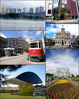 Do topo, em sentido horário: Jardim Botânico; vista da cidade a partir do Parque Barigui; Palácio Avenida; Praça Generoso Marques com o Paço da Liberdade ao fundo; Rua 24 Horas e Museu Oscar Niemeyer.