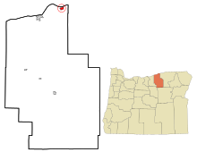 Morrow County Oregon Eingemeindete und nicht eingetragene Gebiete Irrigon Highlighted.svg