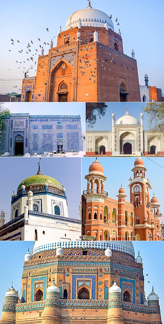 Clockwise from top: Shrine of Bahauddin Zakariya, Shahi Eid Gah Mosque, Ghanta Ghar, Tomb of Shah Rukn-e-Alam, Shrine of Shamsuddin Sabzwari, Blue-tiled tomb of Shah Gardez