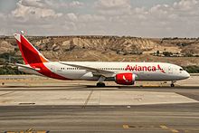 Avianca Boeing 787-8 taxiing at Adolfo Suárez Madrid–Barajas Airport in 2015