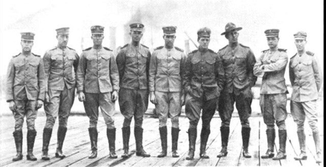 The detachment of naval officers who established the Naval Aeronautic Station at Pensacola, Florida. Henry Mustin is fourth from right.