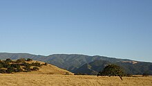 Mixed woodland-covered north slopes of the Santa Ynez Mountains, Oak savanna in the foreground, near Santa Ynez, California North Slope Santa Ynez Mtns.jpg