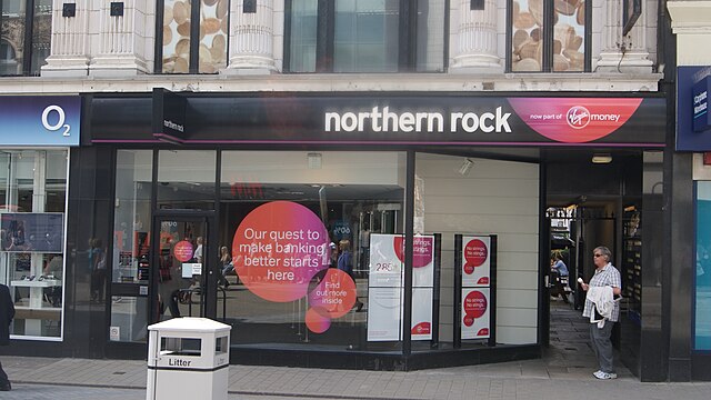 A branch of the Northern Rock with Virgin Money branding on Briggate in Leeds.