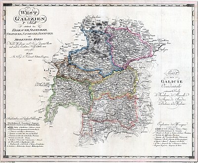 Południowo-zachodnia część Nowej Galicji - cyrkuły: krakowski, słomnicki i stopnicki - według stanu na początek 1803. Na mapie ukazano także cyrkuły: myślenicki, bocheński, nowosądecki, które nie były częścią Nowej Galicji i już przed 1803 podlegały Gubernium Galicji we Lwowie.