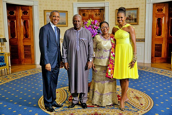 President Obama and First Lady Michelle greet President John Dramani Mahama and First Lady Lordina Dramani Mahama, in the Blue Room during a U.S.-Afri