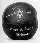 The ball used by Oneida in 1863 was box-shaped with rounded corners Oneida football club ball won 1863.jpg