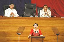Gloria Macapagal Arroyo delivering her seventh State of the Nation Address at the Batasang Pambansa PGMA 7th SONA.jpg