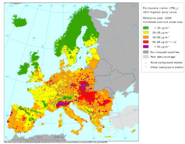 Concentration of PM10 in Europe, 2005 PM10 in Europe.png