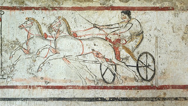 A Lucani man riding a chariot, from a tomb in Paestum, Italy, 4th century BC