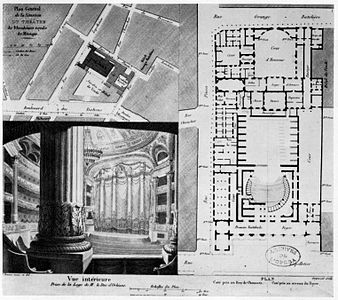 Plan du site, plan d'étage et vue en perspective intérieure (1822)