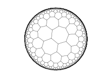 Dessin en noir et blanc d'un pavage du disque par une infinité d'heptagones diminuant rapidement de traille vers le bord.