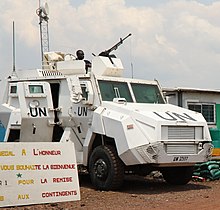 A Senegal Formed Police Unit armored vehicle is pictured in the Democratic Republic of Congo in 2019. Peace medals ceremony of the Senegalese Formed Police Unit in Goma, 28 Feb 2019 - 33 (cropped).jpg