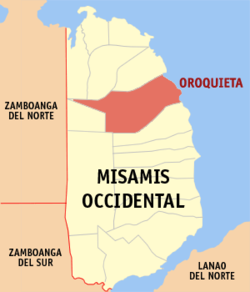 Mapa ng Misamis Occidental na nagpapakita ng lokasyon ng Oroquieta.