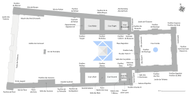 Plan of the Louvre and Tuileries showing the names and locations of the pavilions, wings, gates, courtyards and rooms