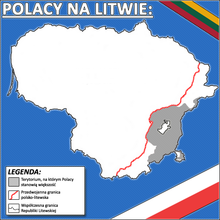 Grey: Areas with majority Polish population in Lithuania as of early 2000s. Red: 1920-1939 Polish-Lithuanian border Polacy-na-litwie.png