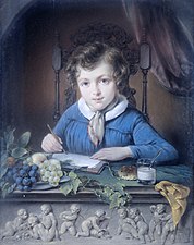 Portrait d'un garçon assis près d'une fenêtre et vêtu d'une veste bleue, Jean Augustin Daiwaille, entre 1830 et 1850. On distingue un kretenbol.