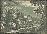 Possibly Esaias van de Velde. Arcadian Landscape label QS:Len,"Arcadian Landscape" label QS:Lpl,"Pejzaż arkadyjski" label QS:Lnl,"Arcadisch landschap" 1612-1615. woodcut print. 17.8 × 24.7 cm (7 × 9.7 in). Amsterdam, Rijksmuseum Amsterdam.