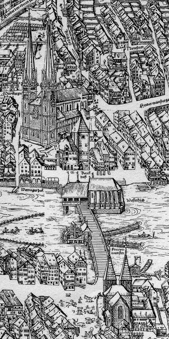The Grossmünster in the centre of the medieval town of Zürich (Murerplan, 1576)