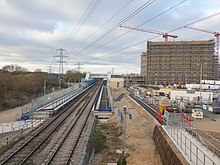 Station being constructed in March 2022, looking north from Kirtons Farm Road bridge. Reading Green Park railway station 2022-03-27 18.23.53.jpg
