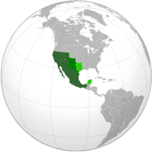 The Mexican Republic in 1843. The light-green areas are parts of Mexico that broke off to form Texas in the north and Yucatan in the south. The medium-green area in the north is disputed between Texas and Mexico.