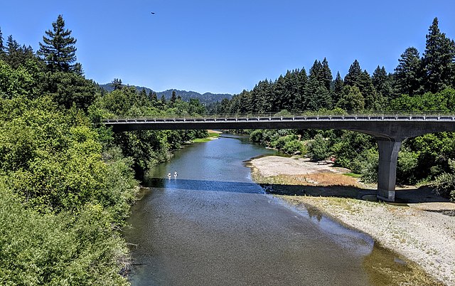 The California route 116 bridge over the Russian River at Guerneville, viewed from the historic Guerneville Bridge