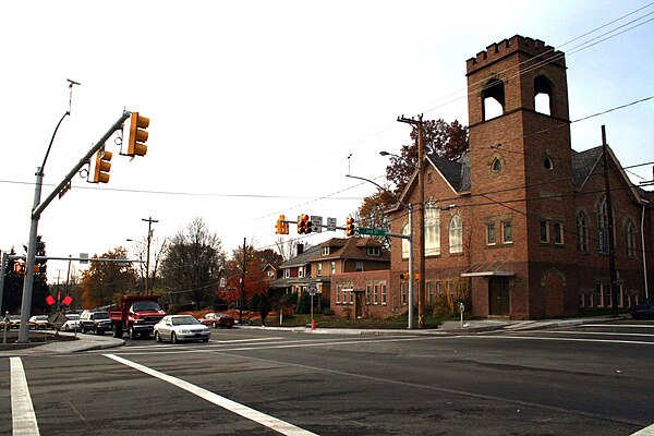 PA 18 was rerouted around the campus of Geneva College in Beaver Falls in 2008. Shown is the intersection constructed in front of the campus.