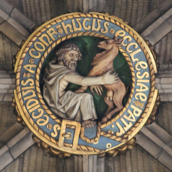 Saint Giles depicted in a boss in the ceiling of the Thistle Chapel