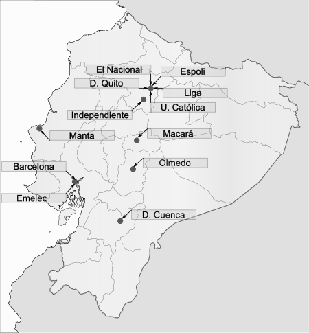 Locatie van de teams die deelnemen aan de Serie A.