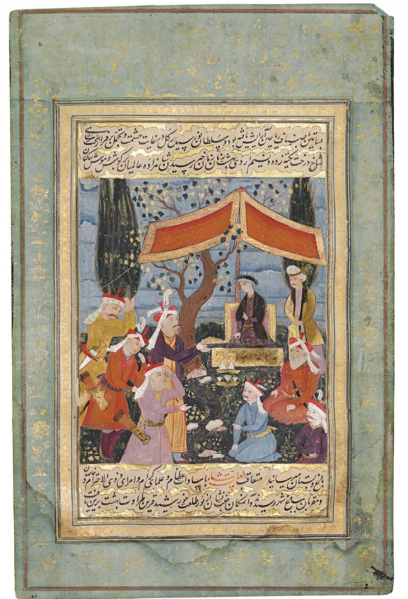 A seated Tahmasp under a modest tent, with other people