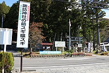 県道沿いの駐車場にある諏訪神社の爺（翁）スギ媼スギの看板。2023年10月25日撮影。